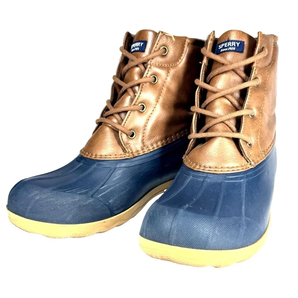 Sperry Port Boot Duck Boots Women's 6M Brown Leather Navy Rubber‎ Waterproof
